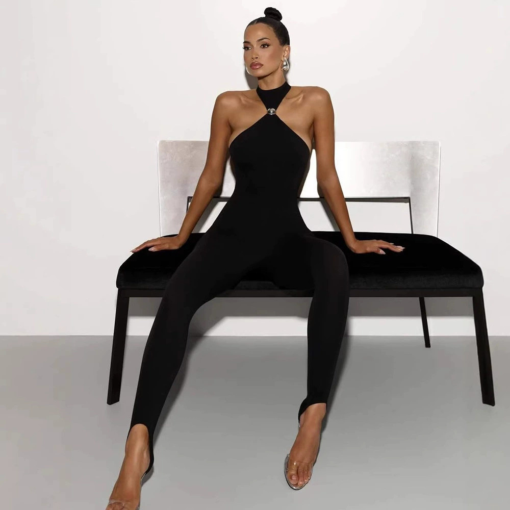 ZARA Sexy Women Tight Yoga Jumpsuit Halter Neck Open Back Peach Butt Lifting
